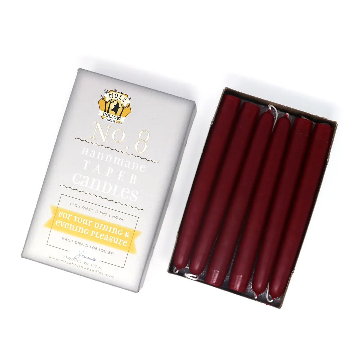 Mole Hollow | 8" Taper Candles, Various Colors, Sold in Pairs