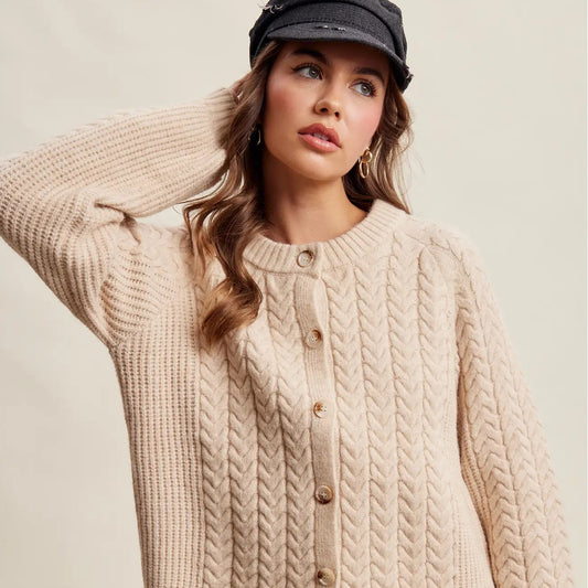 Cable Knit  Button Cardigan, Cream