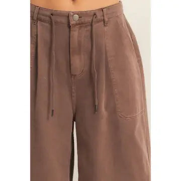 Drawstring Waist Wide Leg Jorts, Chocolate