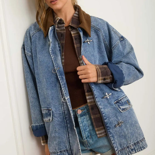 Contrast Collar Washed Denim Chore Coat