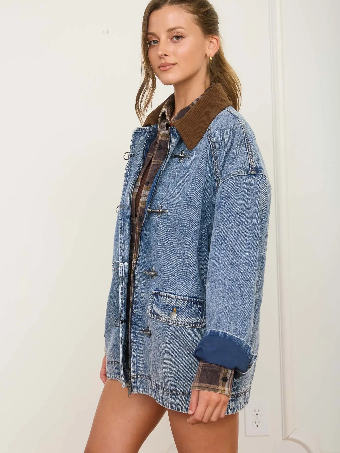 Contrast Collar Washed Denim Chore Coat