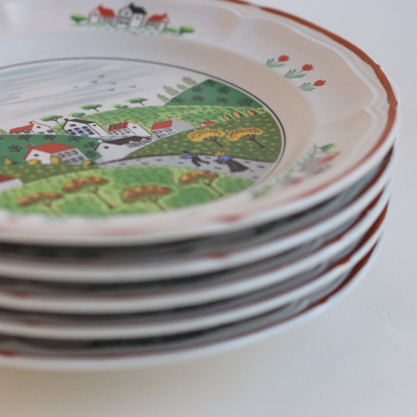 Village Farm Scene Plates, Set of 5