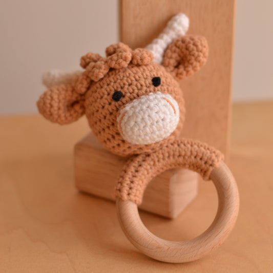 D & C Toys | Crochet Rattle Toy, Highland Cow