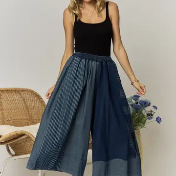 Patchwork Denim Mixed-Media Wide Leg Pant