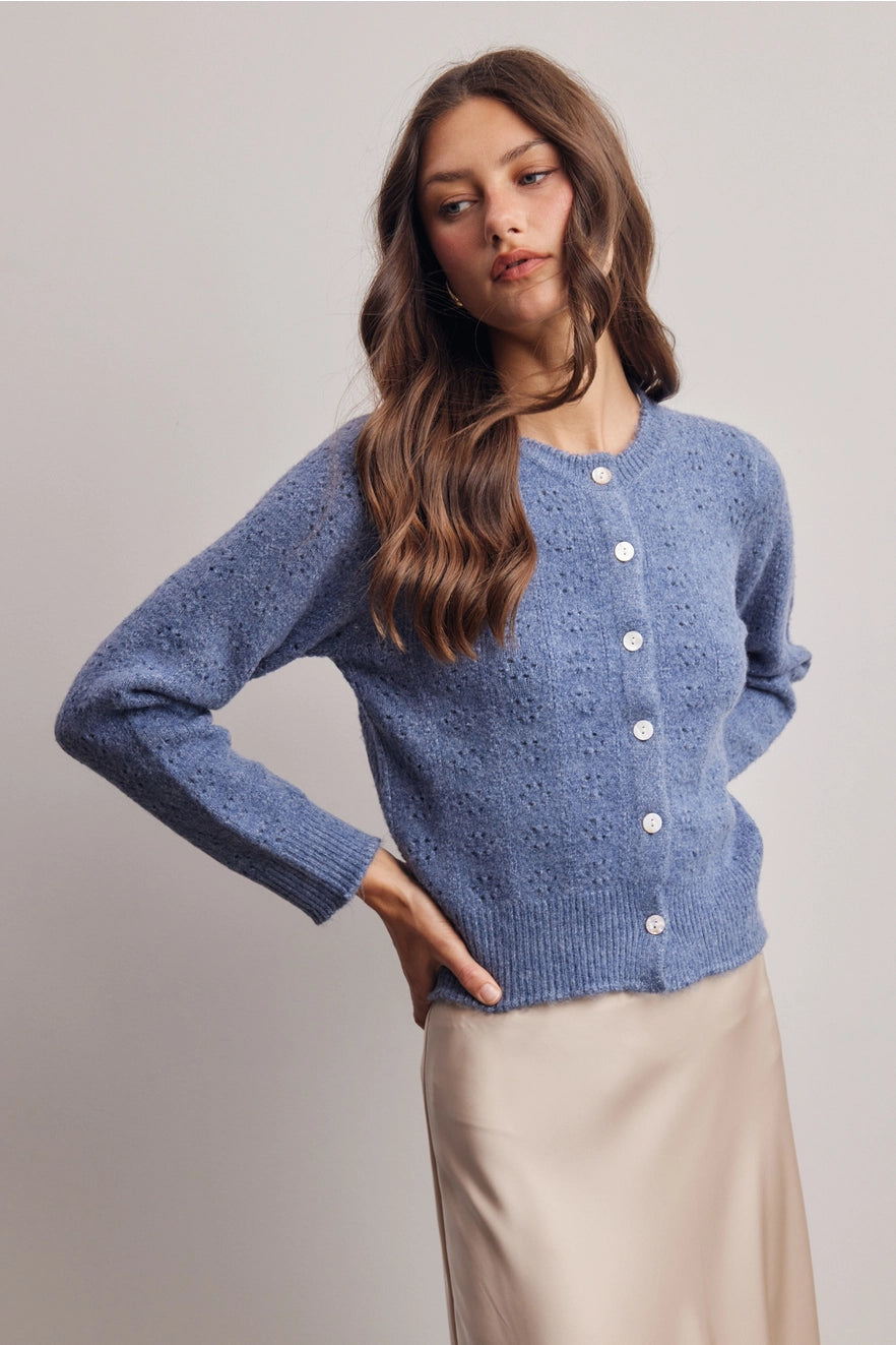 Pointelle Knit Button Cardigan, Blue