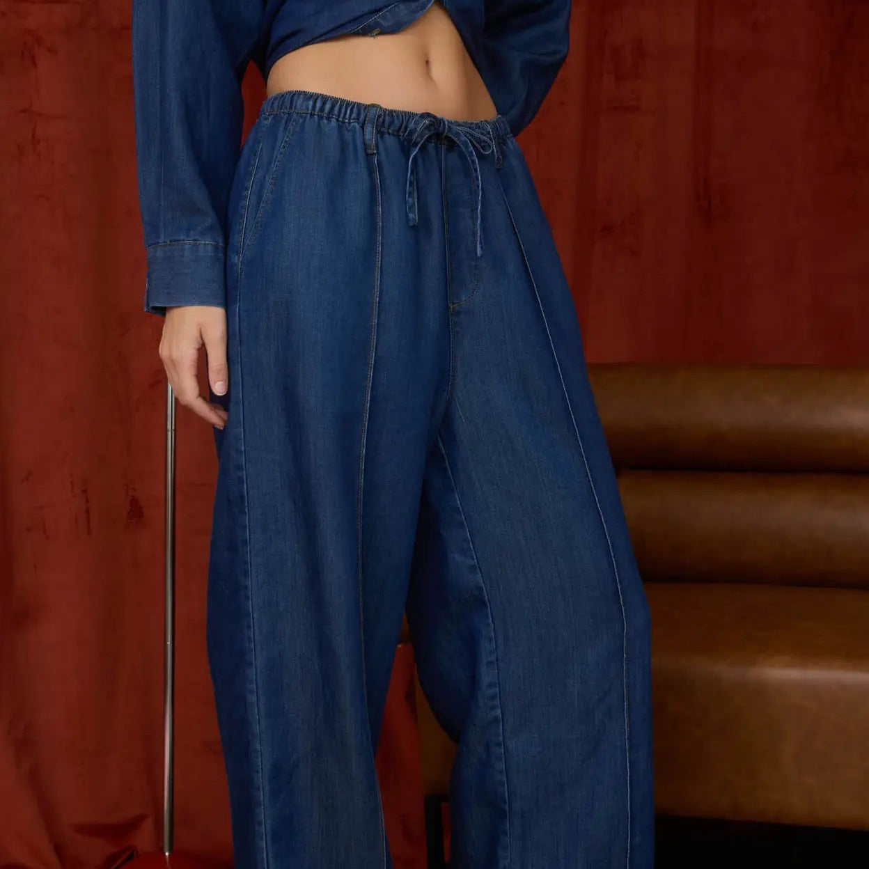 Front Seam Drawstring Denim Pants