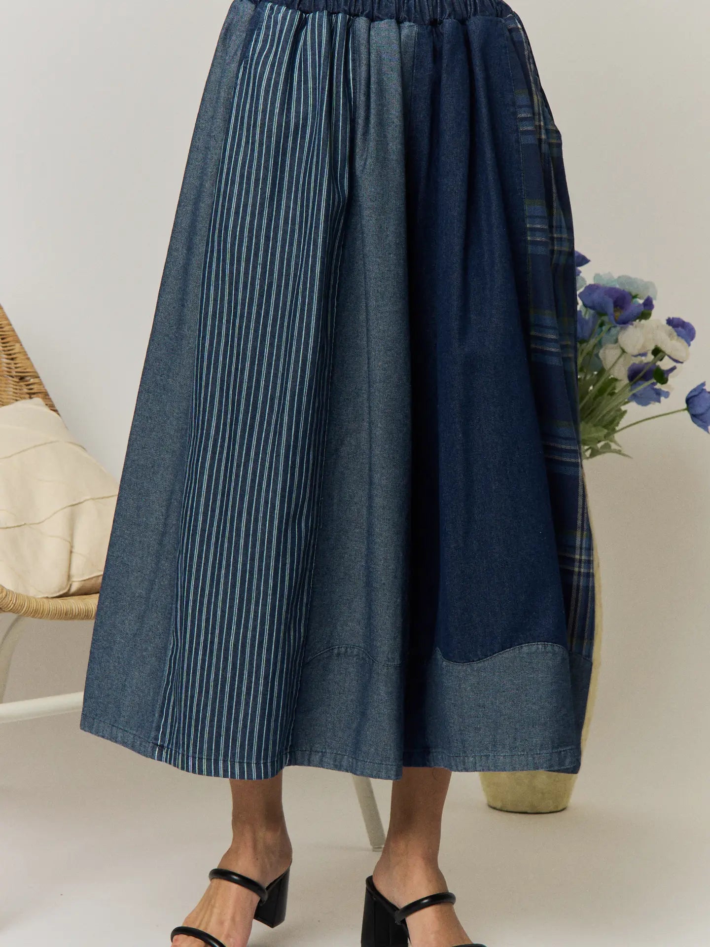 Patchwork Denim Mixed-Media Wide Leg Pant