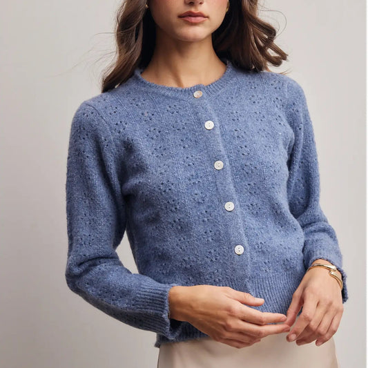 Pointelle Knit Button Cardigan, Blue