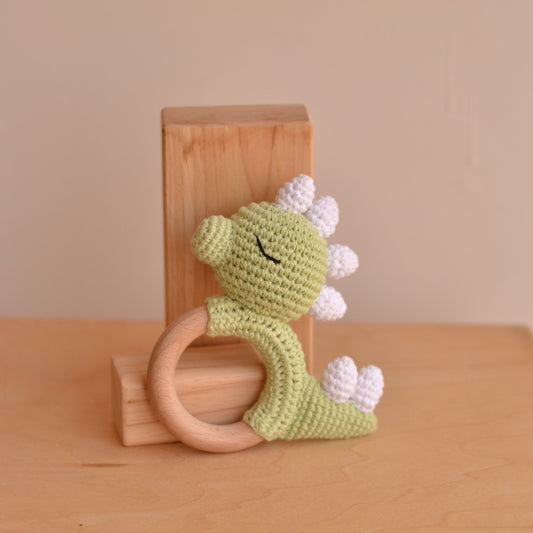 D & C Toys | Crochet Rattle Toy, Green Dinosaur