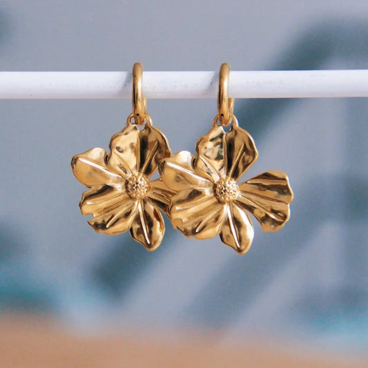 Bazou | Drop Flower on Hoop Earring, Stainless Steel