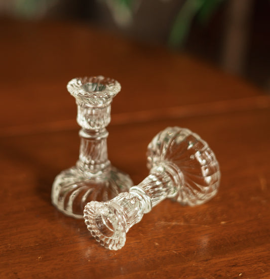 Tiny Cut Glass Slim Candle Candlestick Holders, Pair