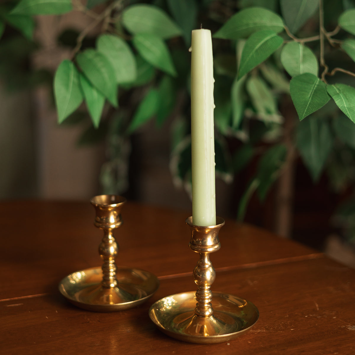 Solid Brass Candlestick Holder with Ribbed Stem, Pair
