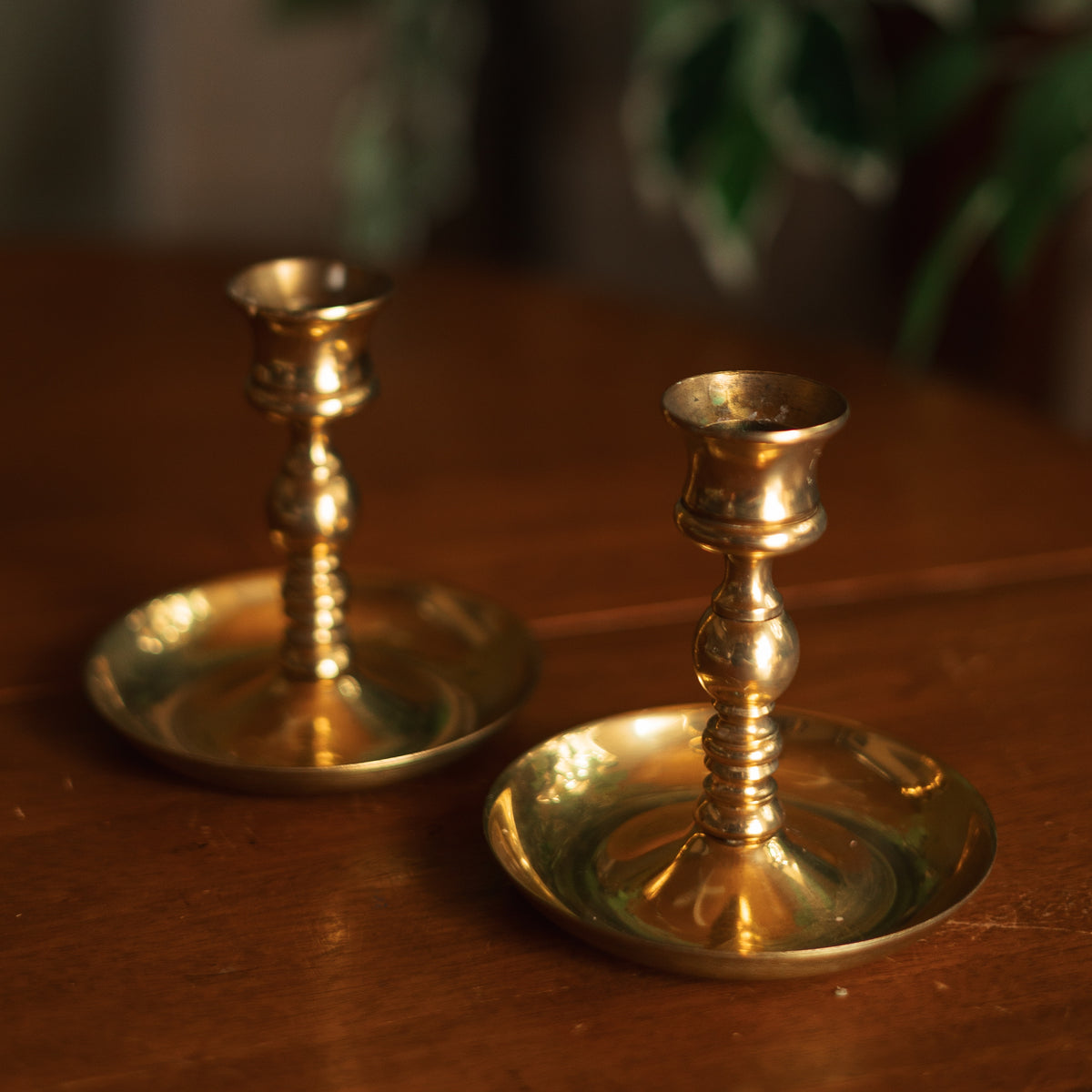 Solid Brass Candlestick Holder with Ribbed Stem, Pair