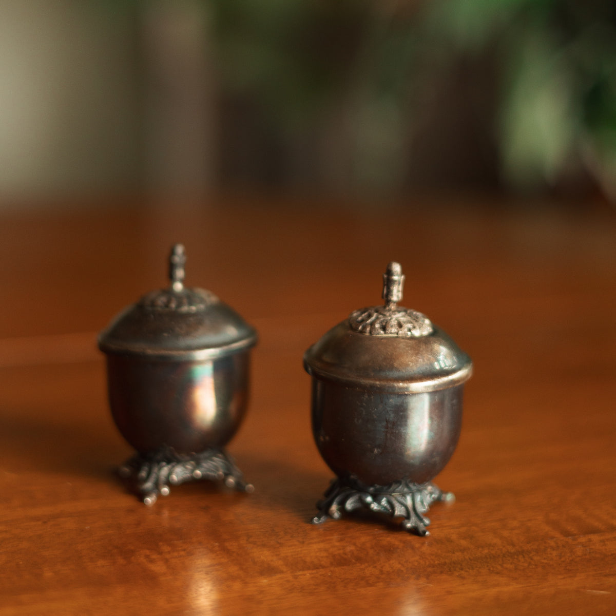 Tiny Mustard or Condiment Pot, Silver Plate, Pair