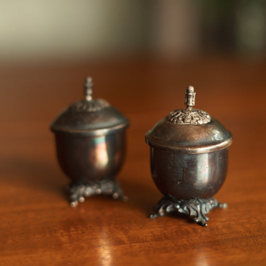 Tiny Mustard or Condiment Pot, Silver Plate, Pair