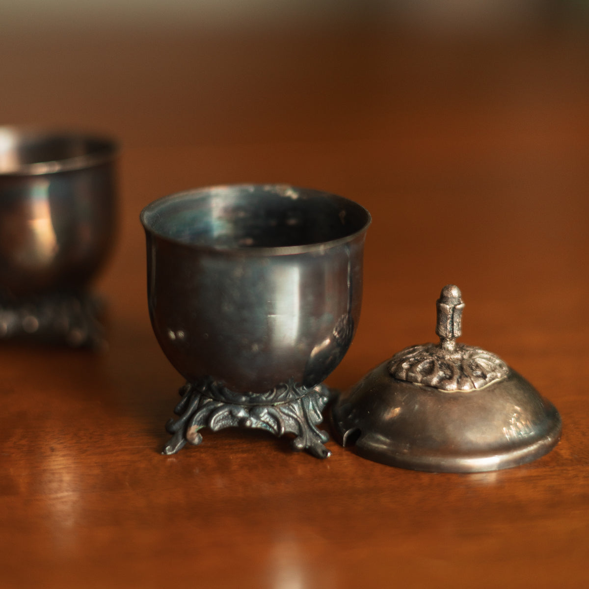 Tiny Mustard or Condiment Pot, Silver Plate, Pair