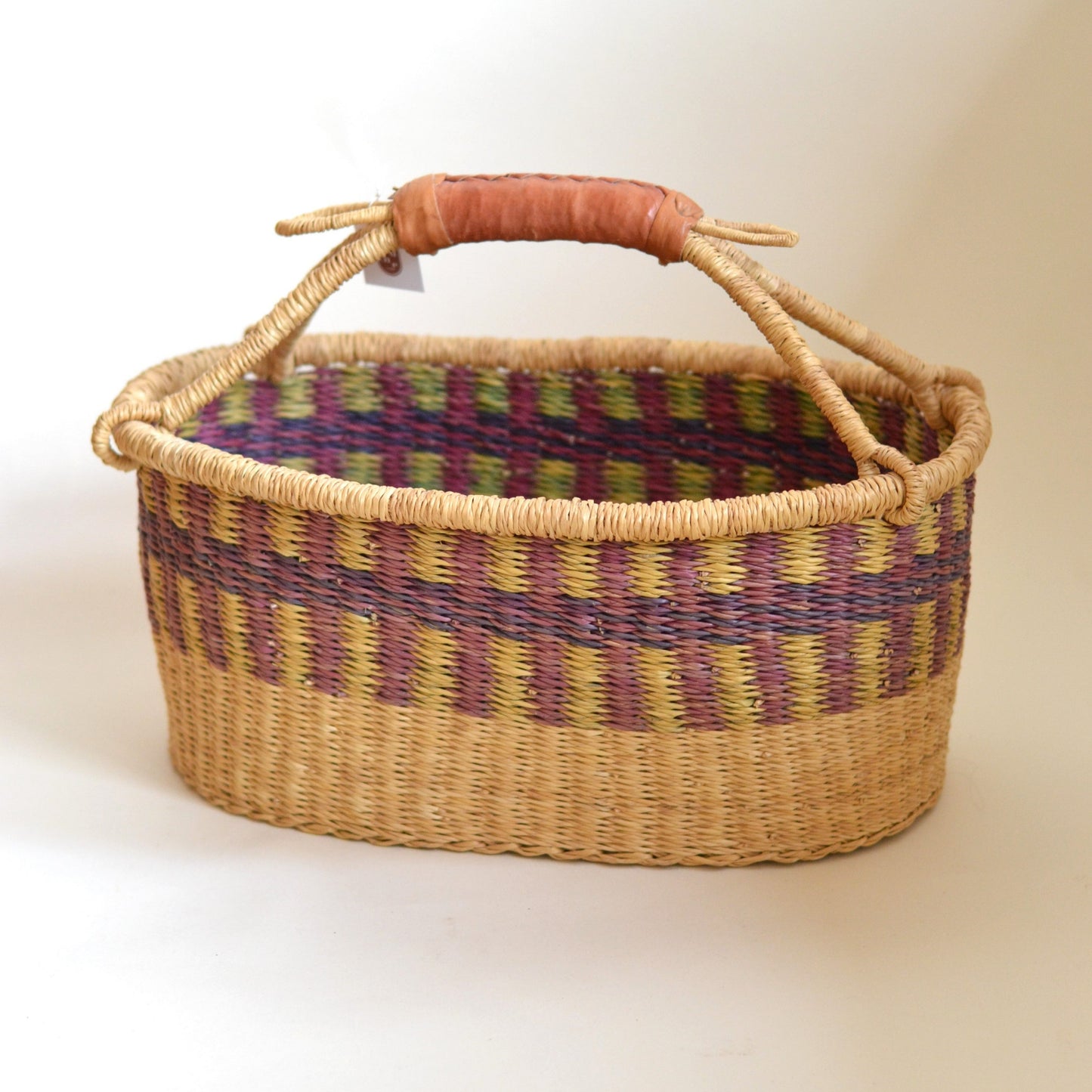Oval Farmer's Market Basket with Burgundy Stripes