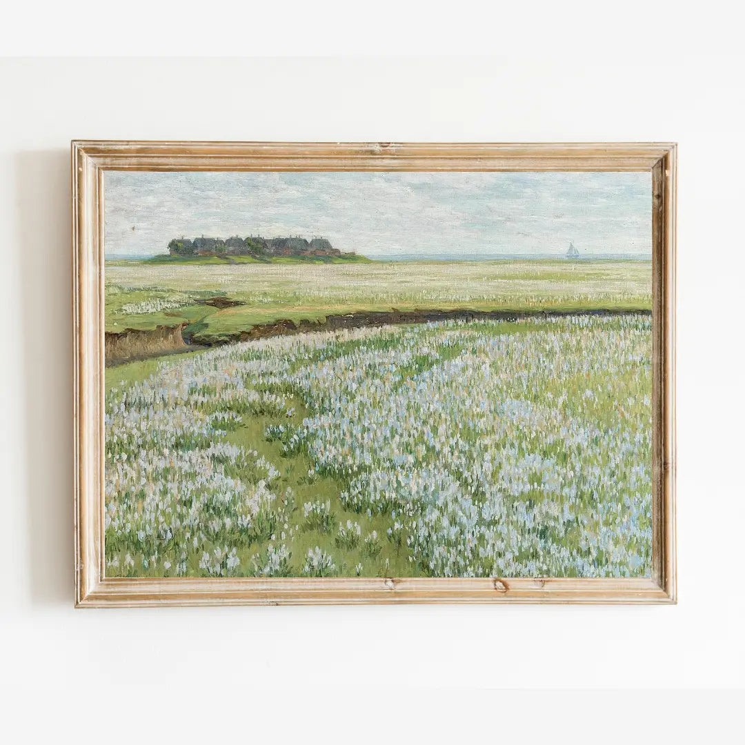 Sea to Skye | Fields with Ship in the Distance Landscape Antique Art Print