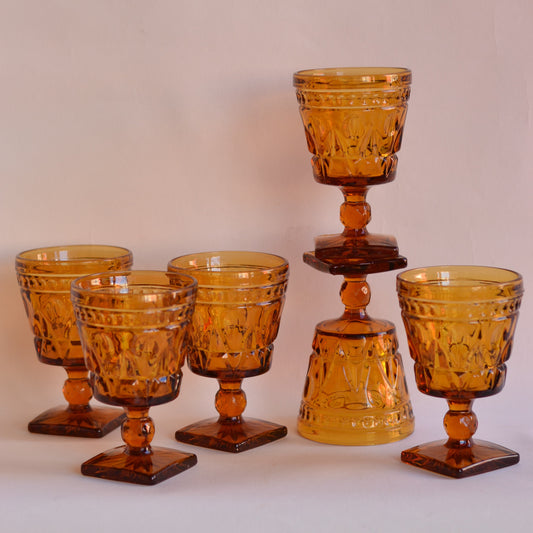 Footed Amber Goblet, Set of 7