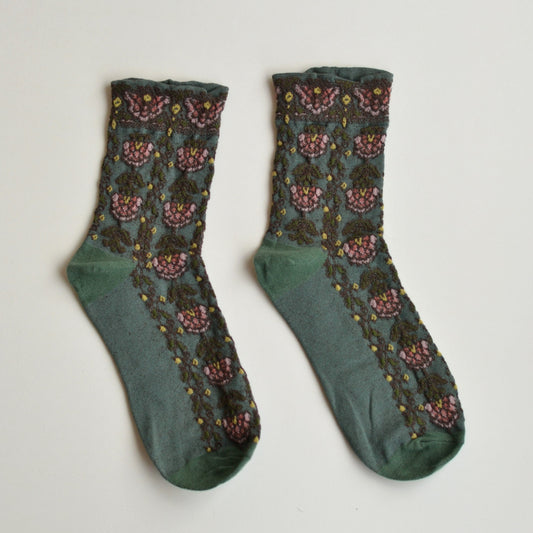 Fall Socks | Forest Green and Pink Floral