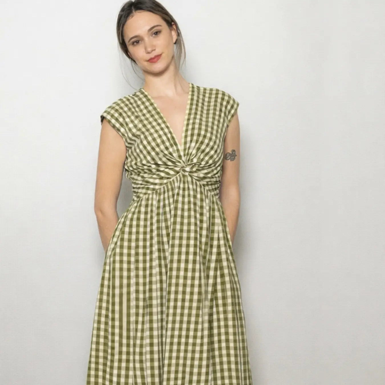 Twist Front Gingham Midi Dress