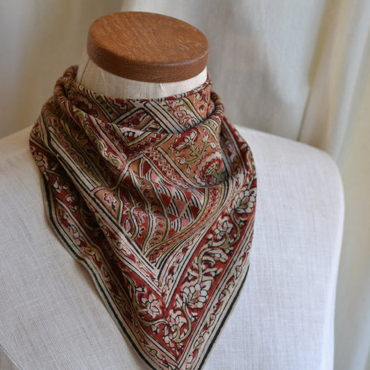 White Lotus Fashions |  Kalamkari Cotton Bandana-Floral and Geometrics in Red and Pink