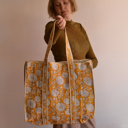 Gypsy Studio | Quilted Cotton Block Printed Tote Bag, Gold
