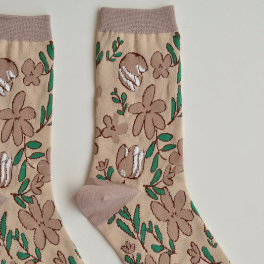 Fall Socks | Tan with Green Leaves and Flowers