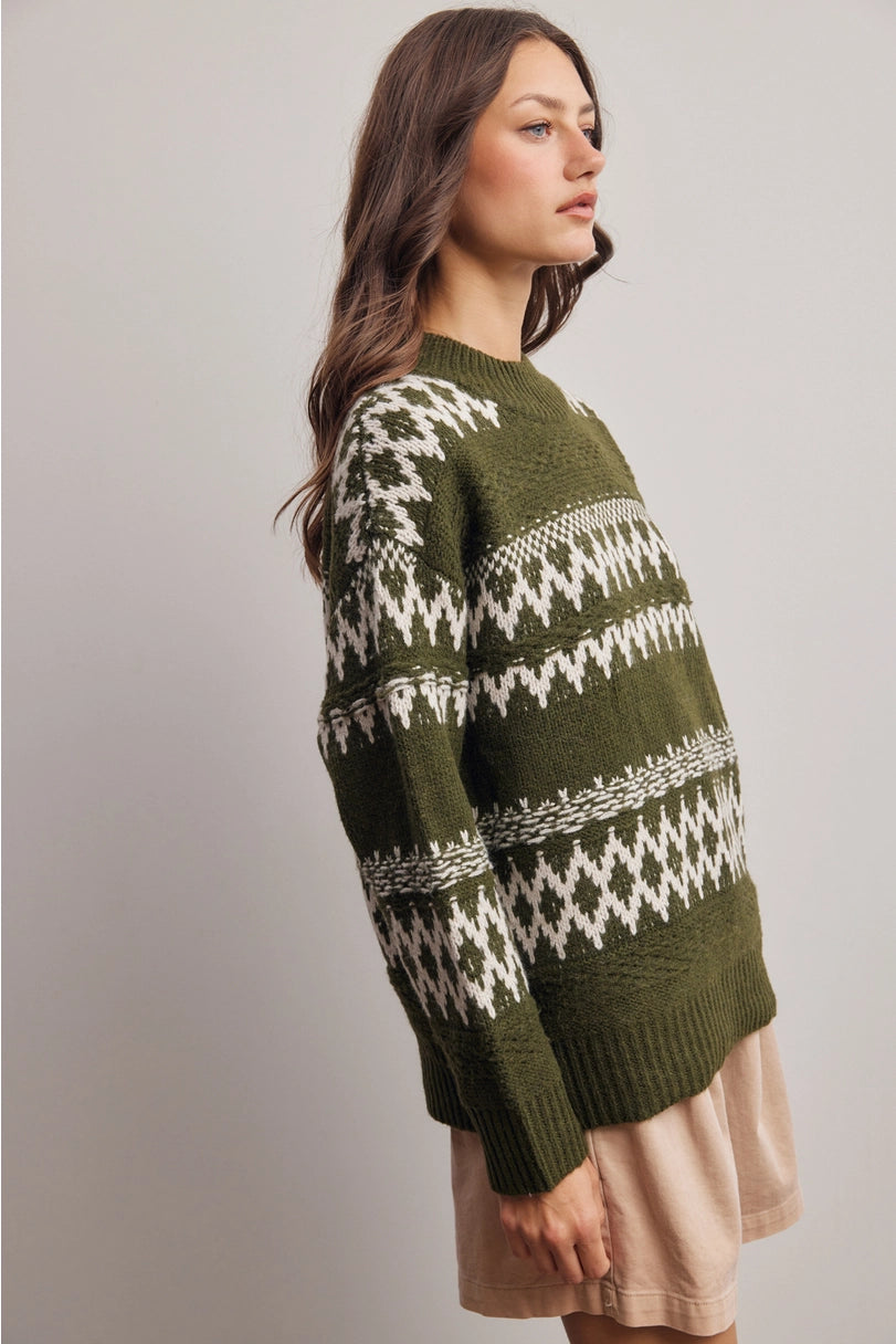 Fair Isle Pattern Knit Sweater, Forest Green