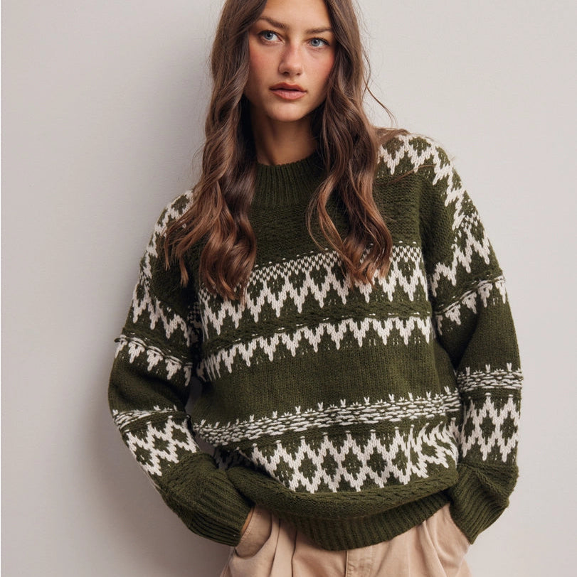 Fair Isle Pattern Knit Sweater, Forest Green
