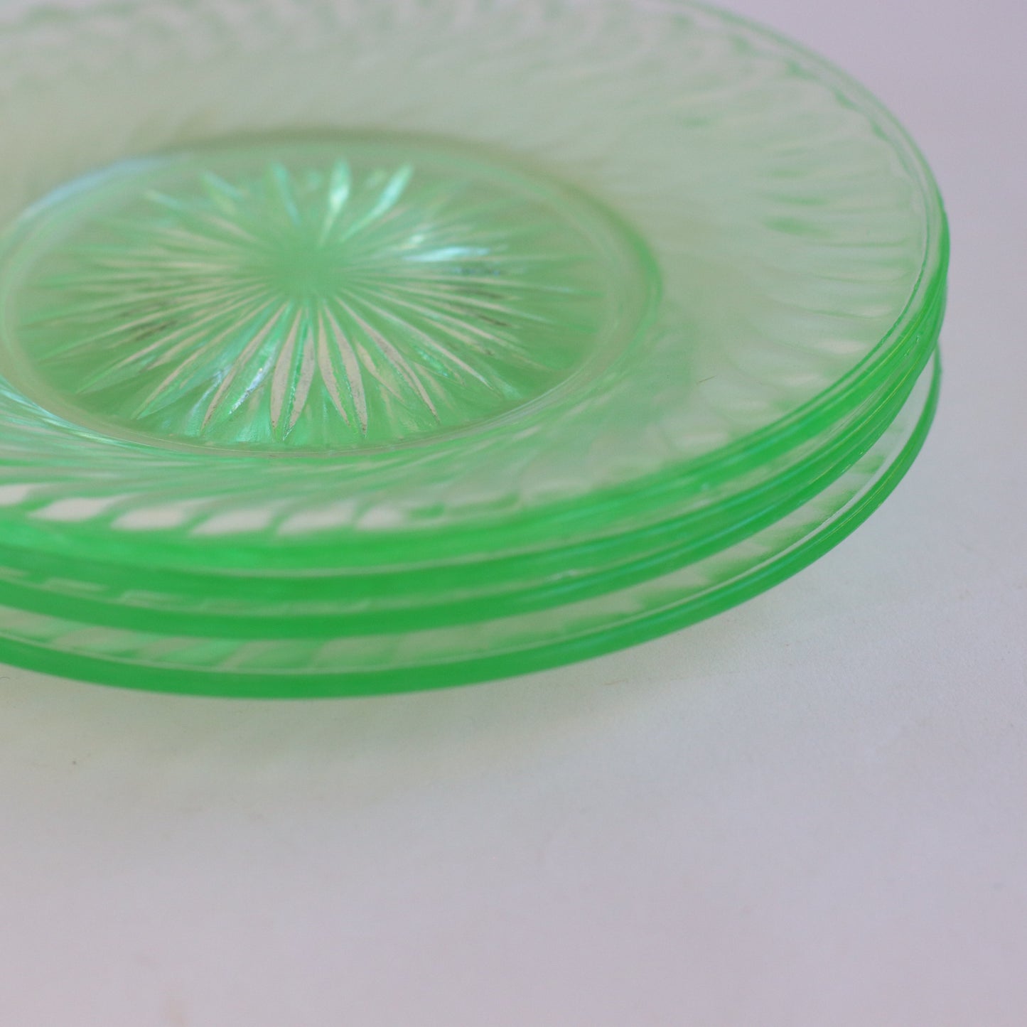 Green Glass Square Etched Plates, Set of 4