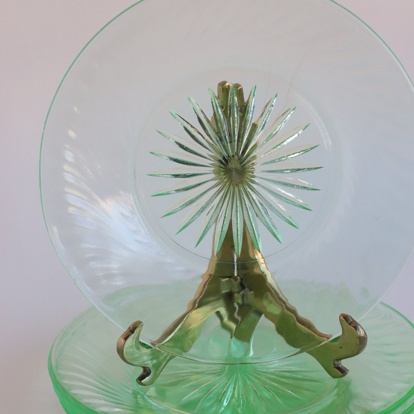 Green Glass Square Etched Plates, Set of 4