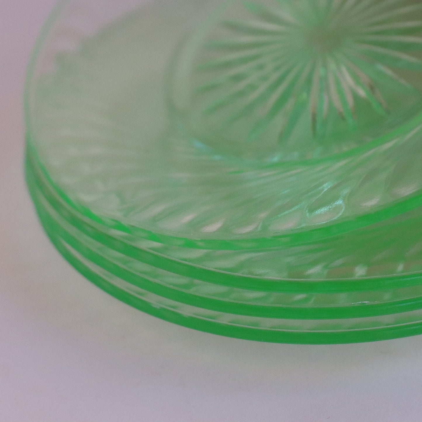 Green Glass Square Etched Plates, Set of 4