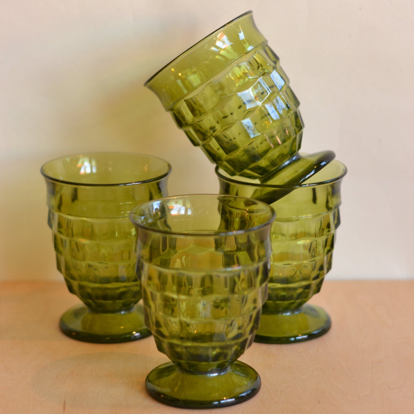 Green Cut Glass Water Goblets, Set of 3