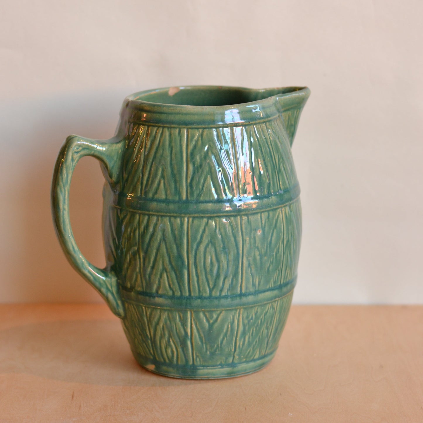 Large Barrel Shaped Green Jug