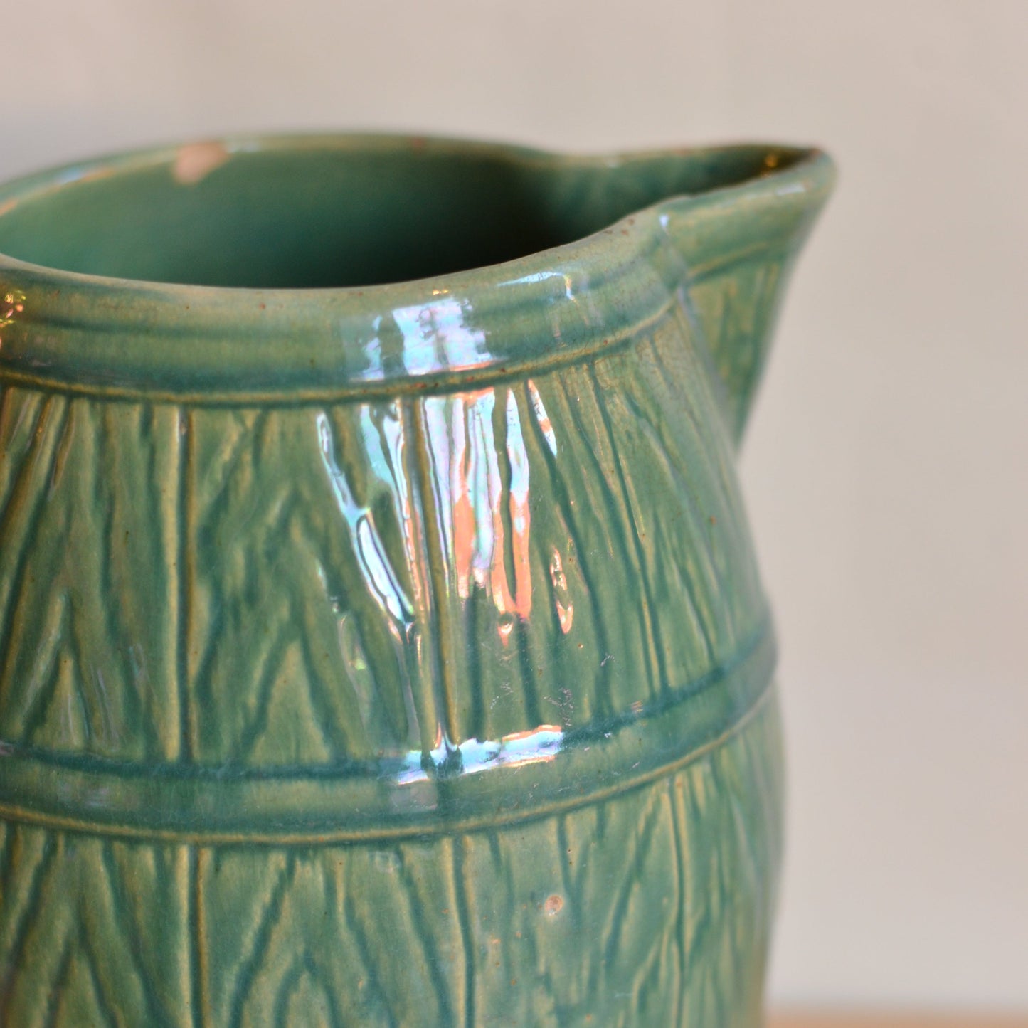Large Barrel Shaped Green Jug