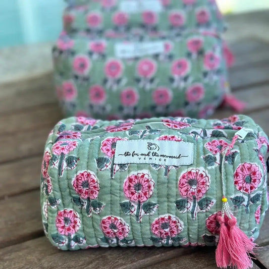 Gypsy Studio | Quilted Cotton Block Printed Cosmetic Bag, Green with Pink Flowers