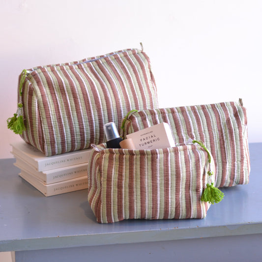 Gypsy Studio | Quilted Cotton Block Printed Cosmetic Bag, Brown and Green Stripe