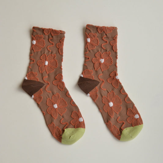 Fall Socks | Brown Embossed Floral with Green Toe