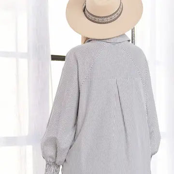 Smocked Cuff Striped Boyfriend Shirt, Grey