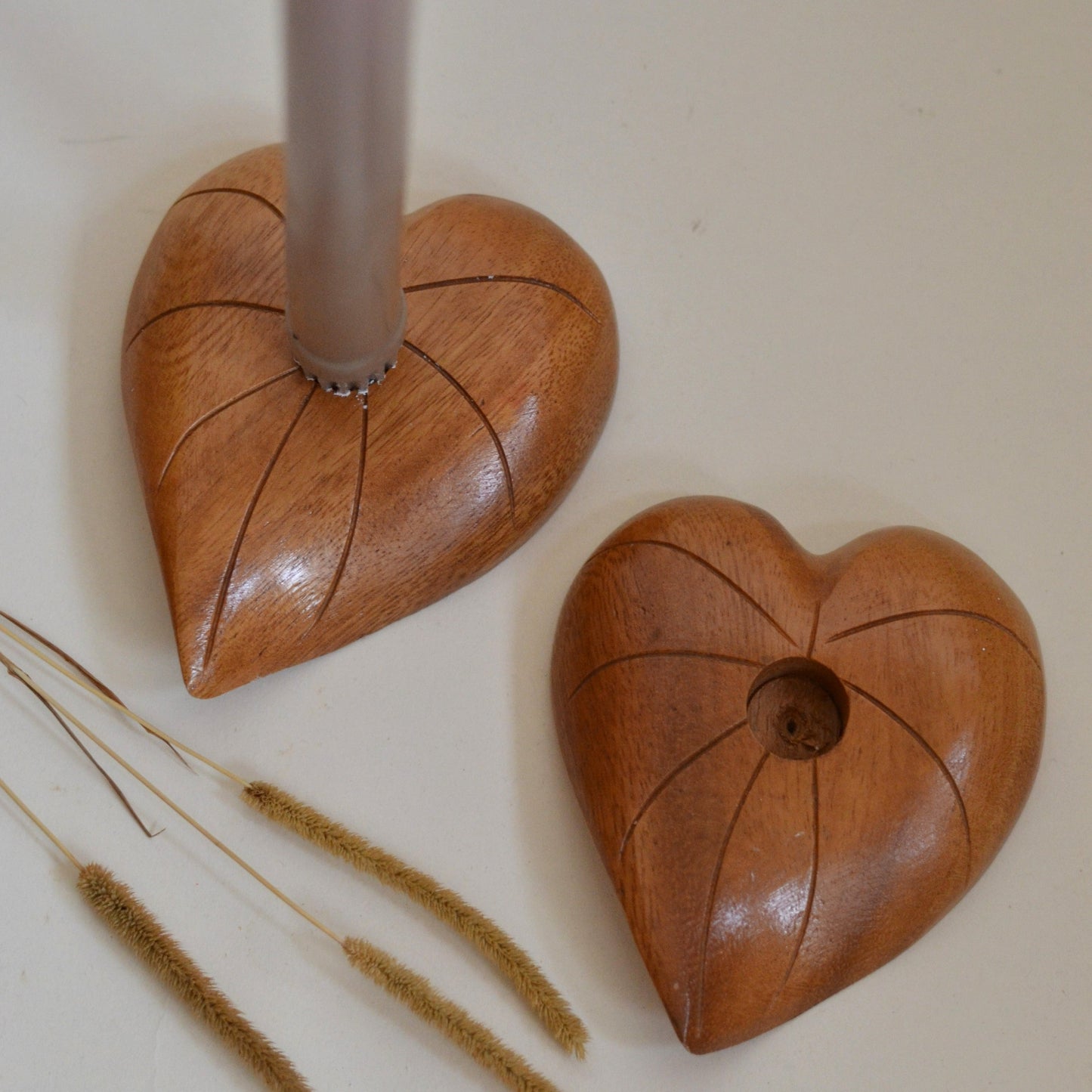 Pair of Wooden Heart Candlestick Holders from Hawaii