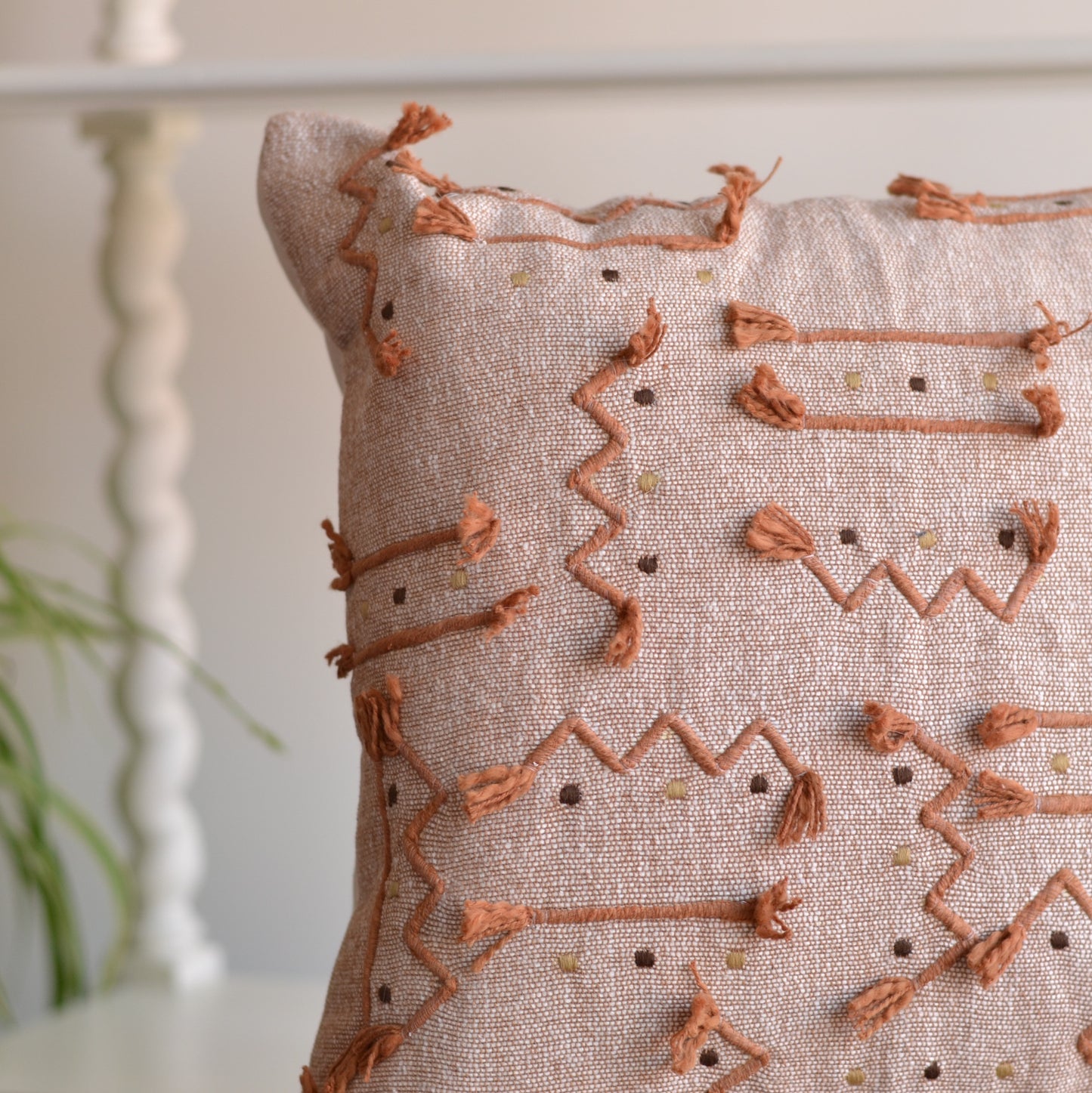 Woven Pillow Cover, 18" x18" Embroidered Shapes, Rust
