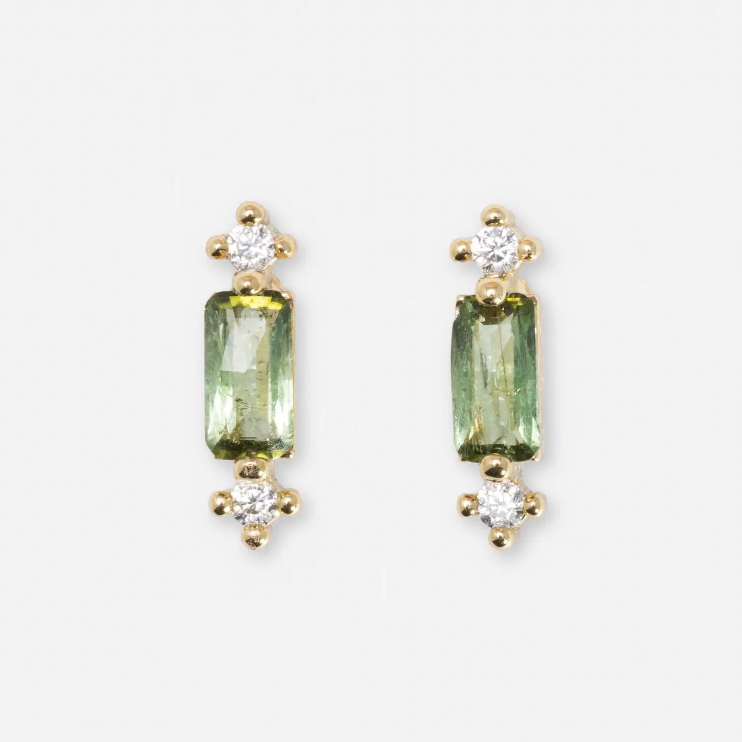 Jane Stud Earrings in Green Tourmaline with CZ Detail, Gold Plated and Stainless Steel.