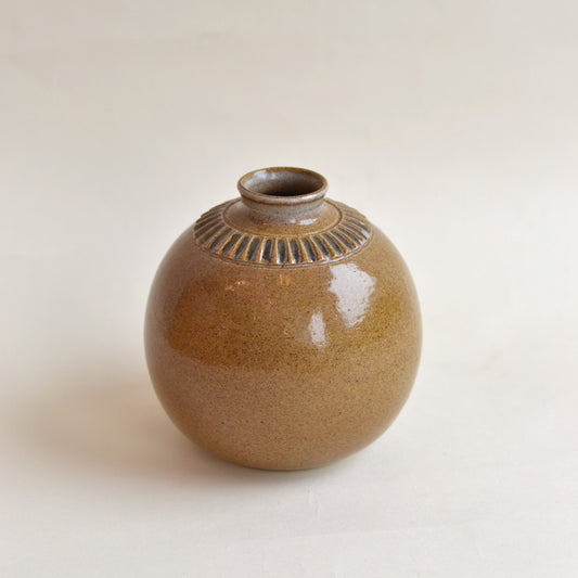 Handmade Pottery Vase, Brown with Striped Detail