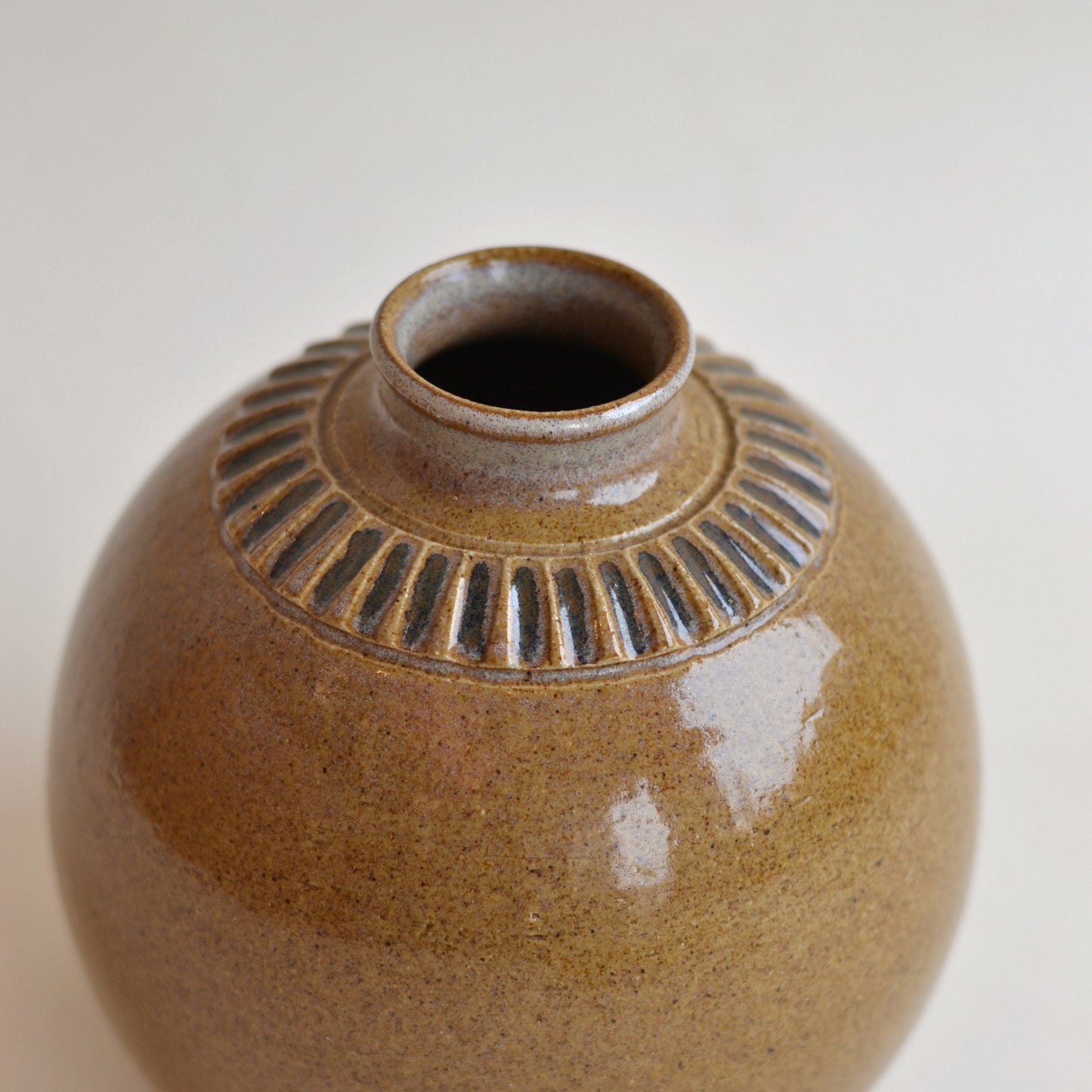 Handmade Pottery Vase, Brown with Striped Detail