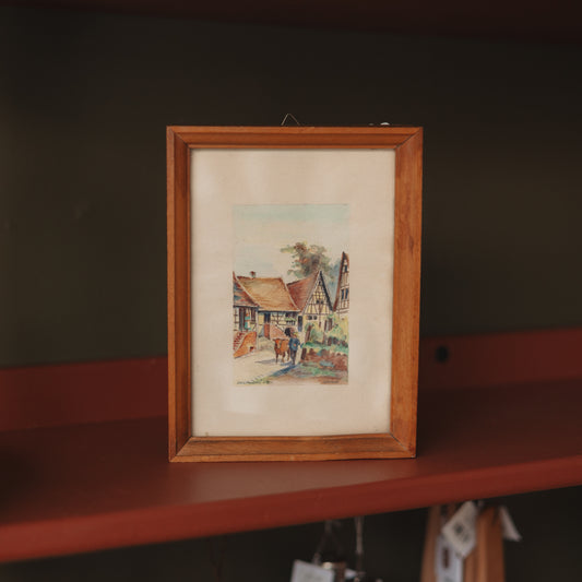 Vintage Framed Cottage Watercolor Picture