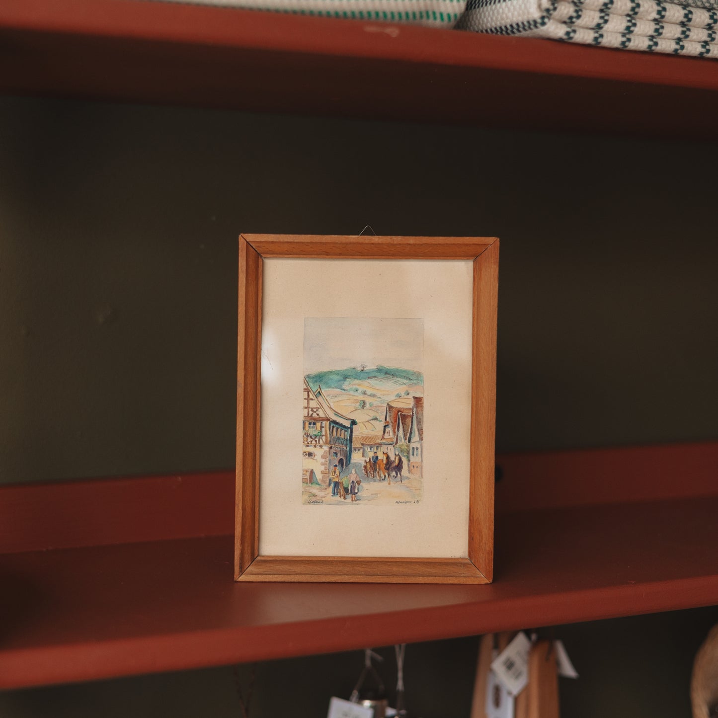 Vintage Framed Village Watercolor Picture