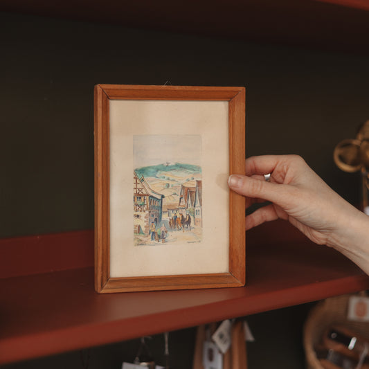 Vintage Framed Village Watercolor Picture