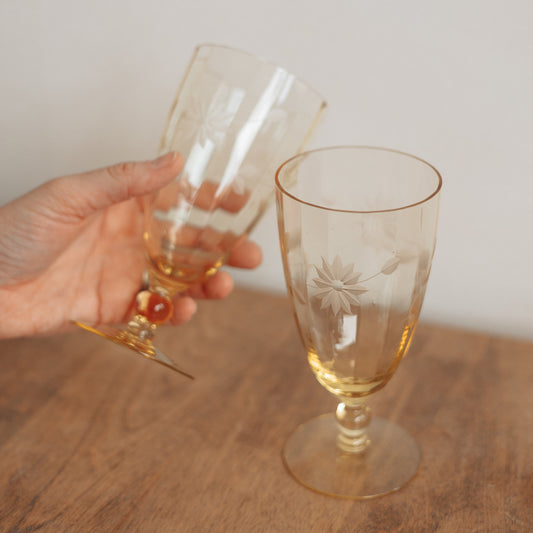 Yellow Floral Stem Etched Goblet, Pair