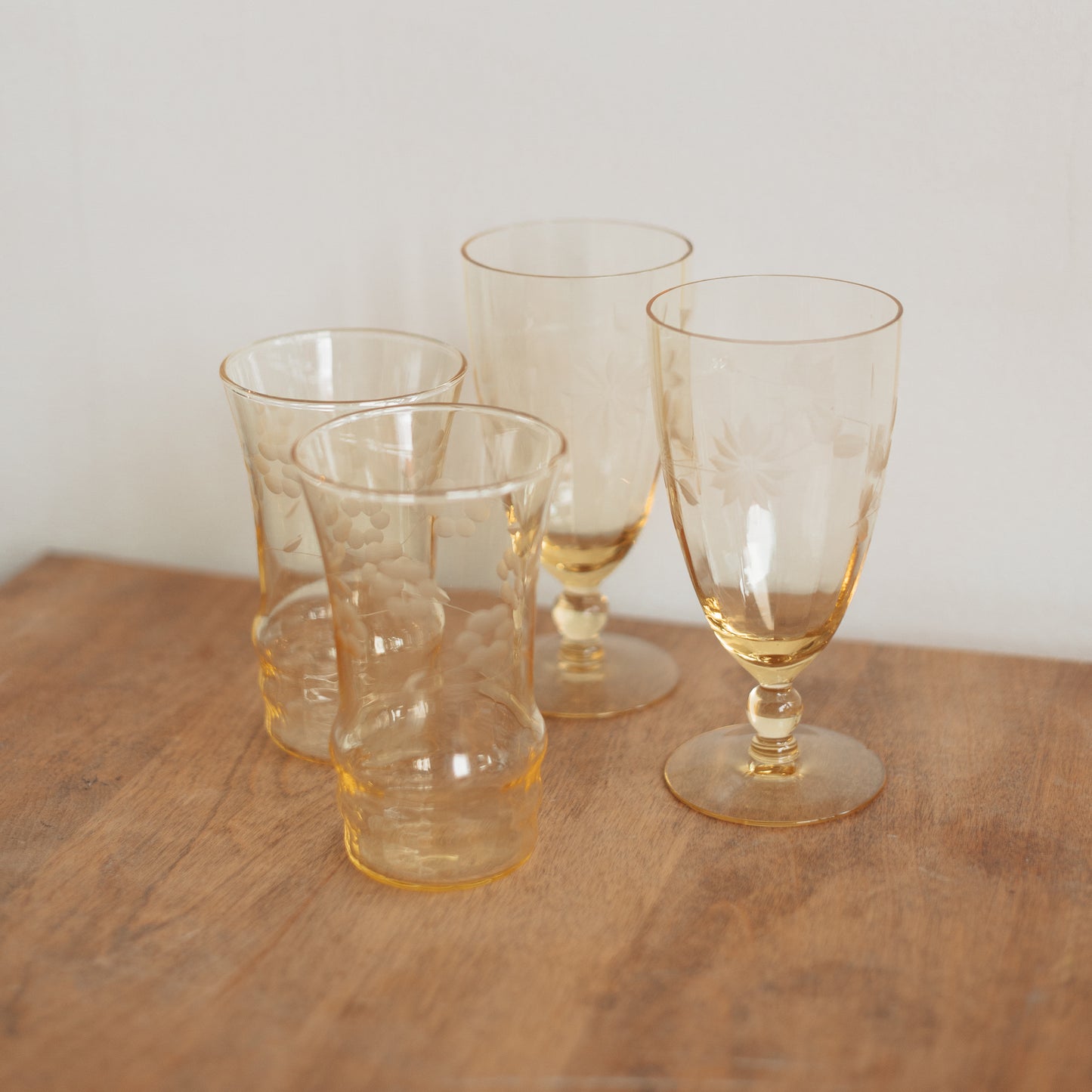 Yellow Floral Stem Etched Water Glasses, Pair